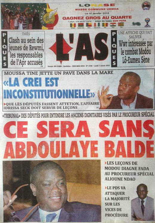 A la Une du Journal L'As du lundi 07 janvier 2013