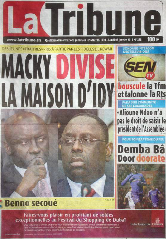 A la Une du Journal La Tribune du lundi 07 janvier 2013