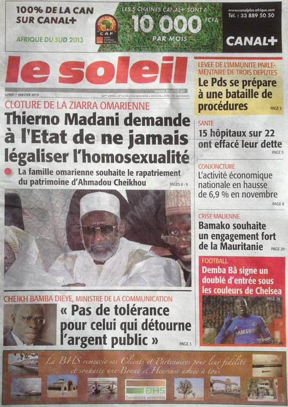 A la Une du Journal Le Soleil du lundi 07 janvier 2013
