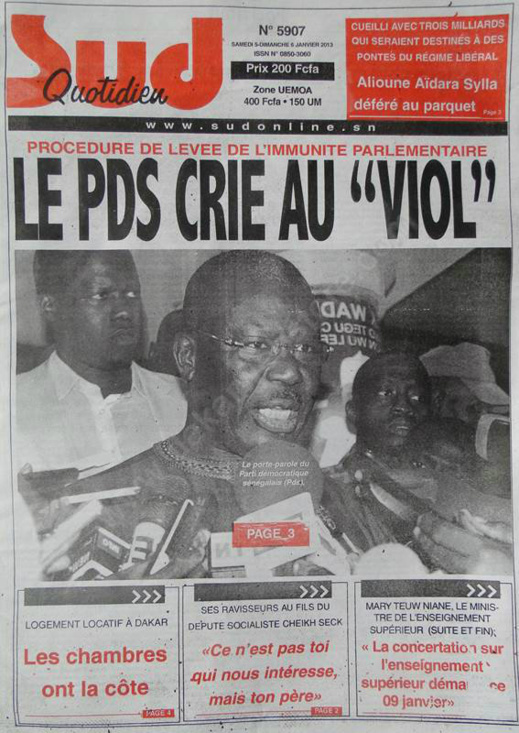 A la Une du Journal Sud Quotidien du mardi 08 janvier 2013