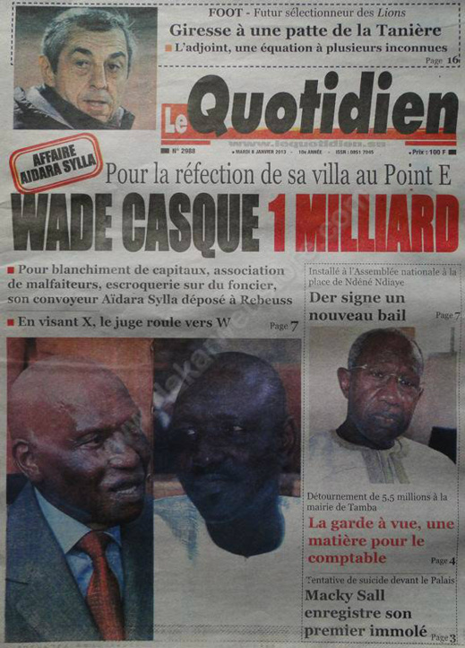 A la Une du Journal Le Quotidien du mardi 08 janvier 2013