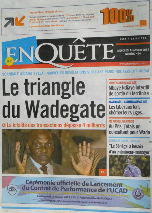 A la Une du Journal Enquête du mercredi 09 janvier 2013