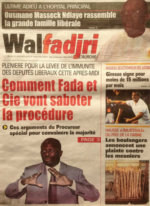 A la Une du Journal Walfadjri du jeudi 10 janvier 2013 