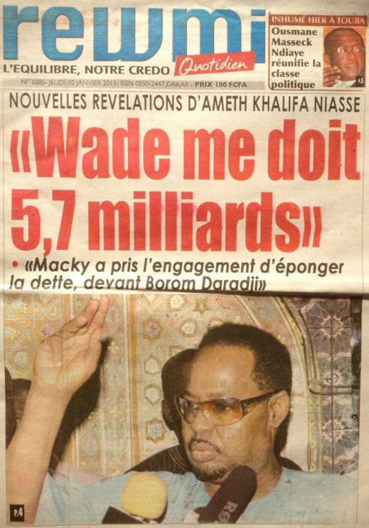 A la Une du Journal Rewmi du jeudi 10 janvier 2013