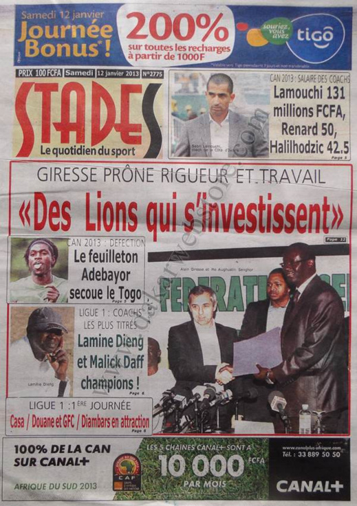 A la Une du Journal Stades du Samedi 12 janvier 2013