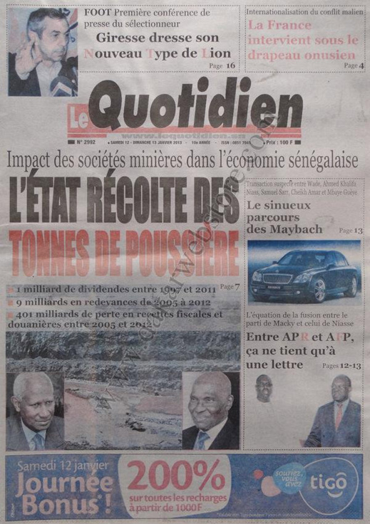 A la Une du Journal Le Quotidien du Samedi 12 janvier 2013