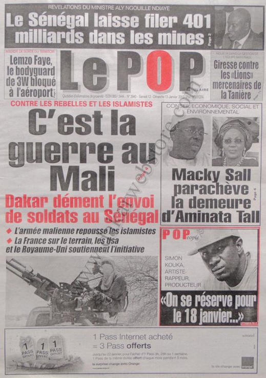A la Une du Journal Le Populaire du Samedi 12 janvier 2013