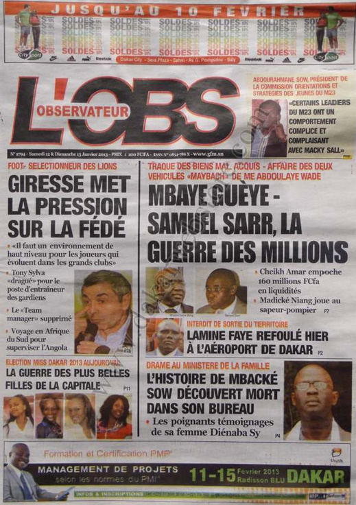 A la Une du Journal Stades du Samedi 12 janvier 2013