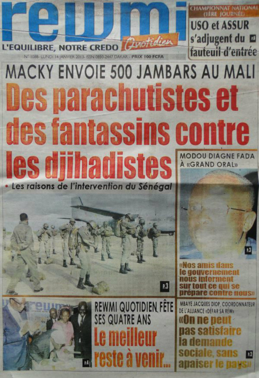 A la Une du Journal Rewmi du lundi 14 janvier 2013