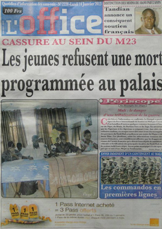 A la Une du Journal L'Office du lundi 14 janvier 2013