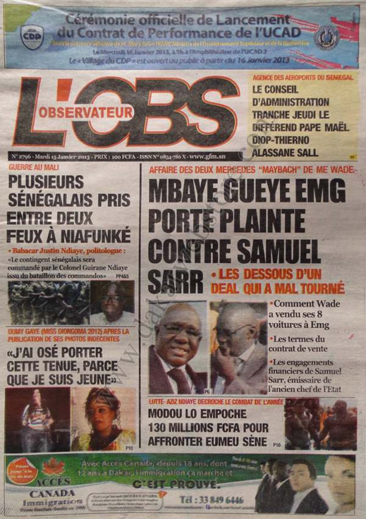 A la Une du Journal L'Observateur du mardi 15 janvier 2013