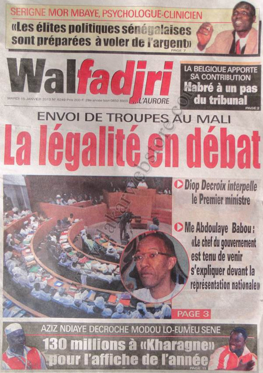 A la Une du Journal Walfadjri du mardi 15 janvier 2013
