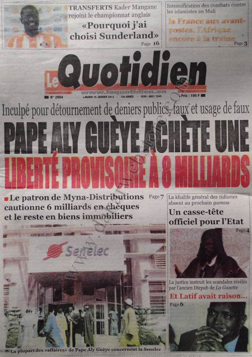 A la Une du Journal Le Quotidien du mardi 15 janvier 2013