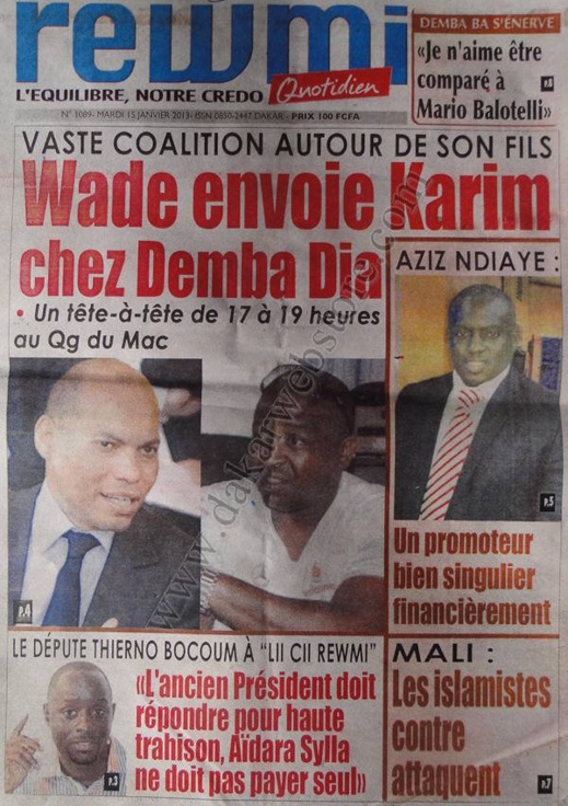 A la Une du Journal Rewmi du mardi 15 janvier 2013