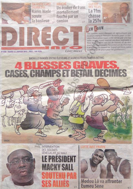 A la Une du Journal Direct Info du mardi 15 janvier 2013