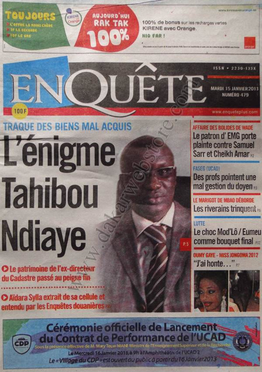 A la Une du Journal EnQuête du mardi 15 janvier 2013