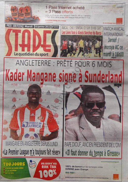 A la Une du Journal Stades du mardi 15 janvier 2013