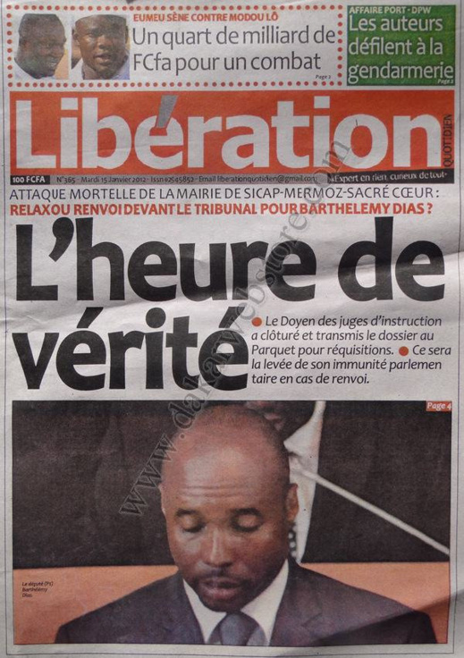 A la Une du Journal Libération du mardi 15 janvier 2013