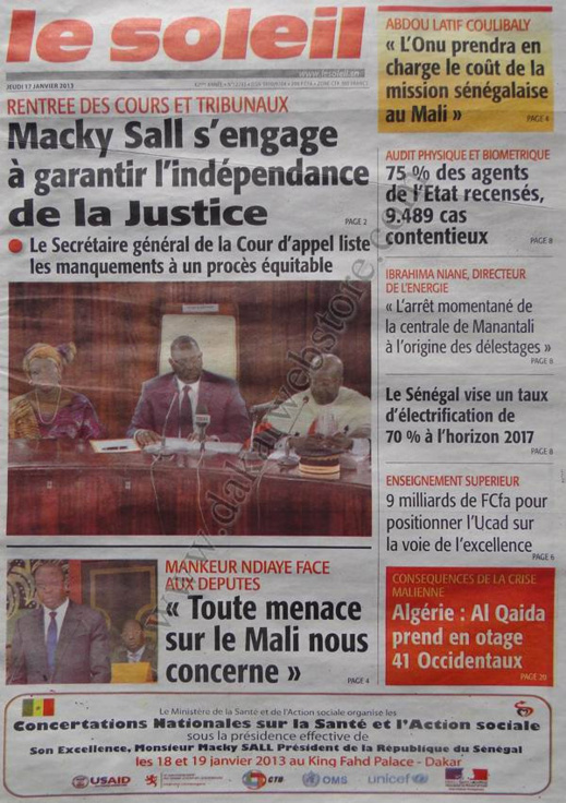 A la Une du Journal Le Soleil du jeudi 17 janvier 2013