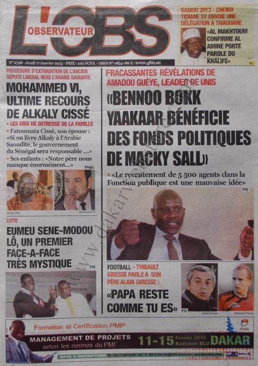 A la Une du Journal L'Observateur du jeudi 17 janvier 2013