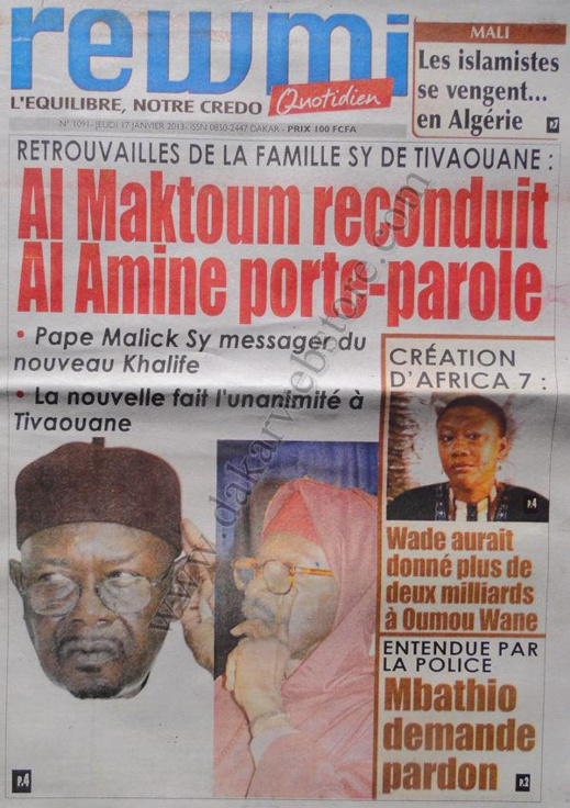 A la Une du Journal Rewmi du jeudi 17 janvier 2013