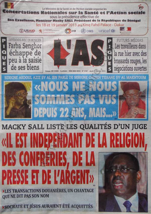A la Une du Journal L'As du jeudi 17 janvier 2013
