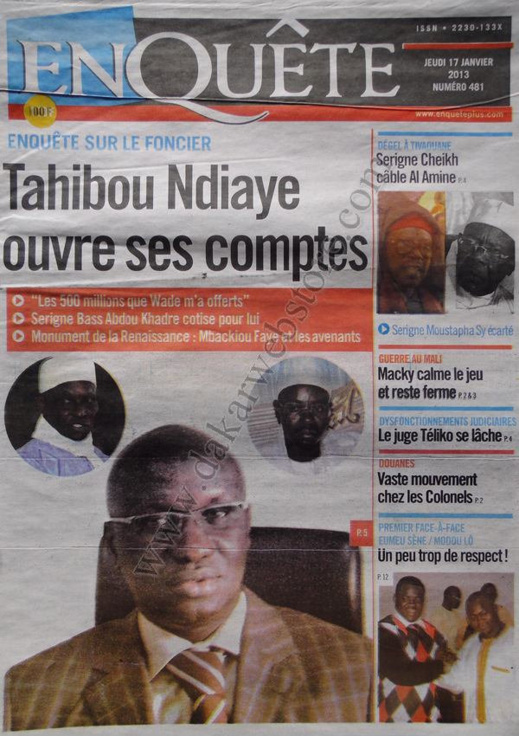 A la Une du Journal Enquête du jeudi 17 janvier 2013