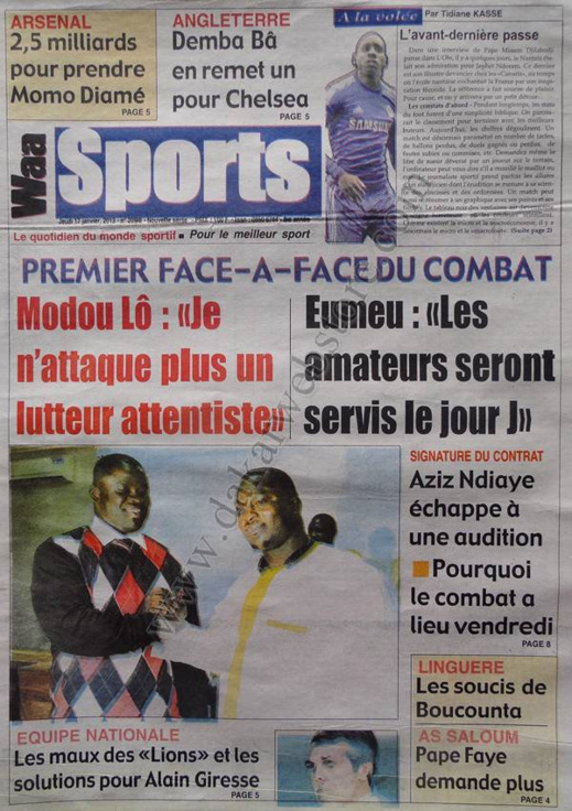 A la Une du Journal Waa Sports du jeudi 17 janvier 2013