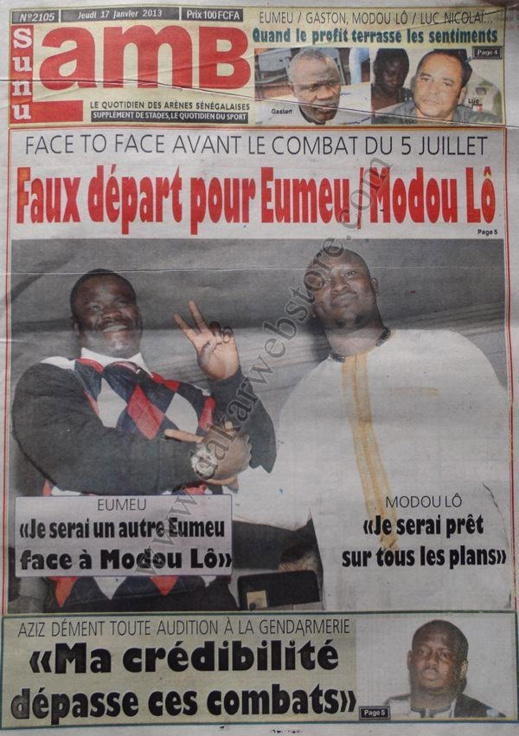 A la Une du Journal SunuLamb du jeudi 17 janvier 2013