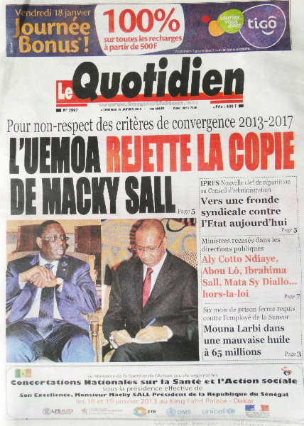 A la Une du Journal Le Quotidien du vendredi 18 janvier 2013