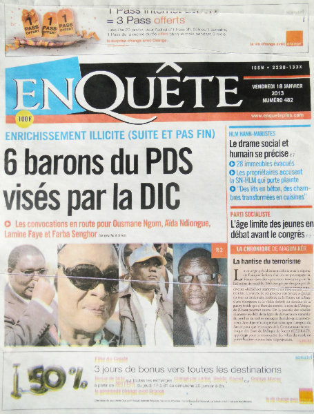 A la Une du Journal EnQuête du vendredi 18 janvier 2013
