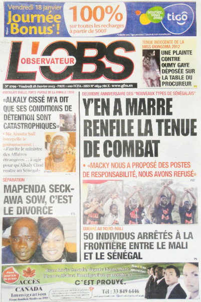 A la Une du Journal L'Observateur du vendredi 18 janvier 2013