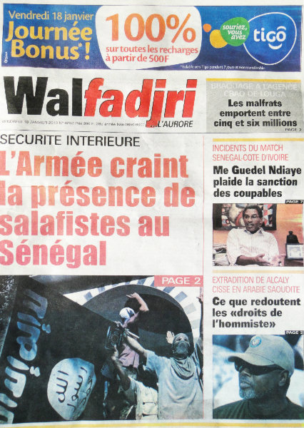 A la Une du Journal Walfadjri du vendredi 18 janvier 2013