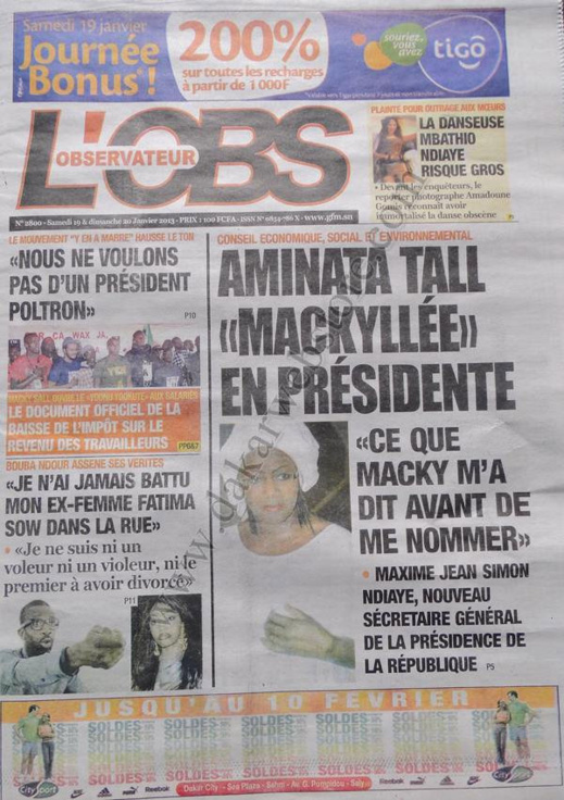 A la Une du Journal L'Observateur du Samedi 19 janvier 2013