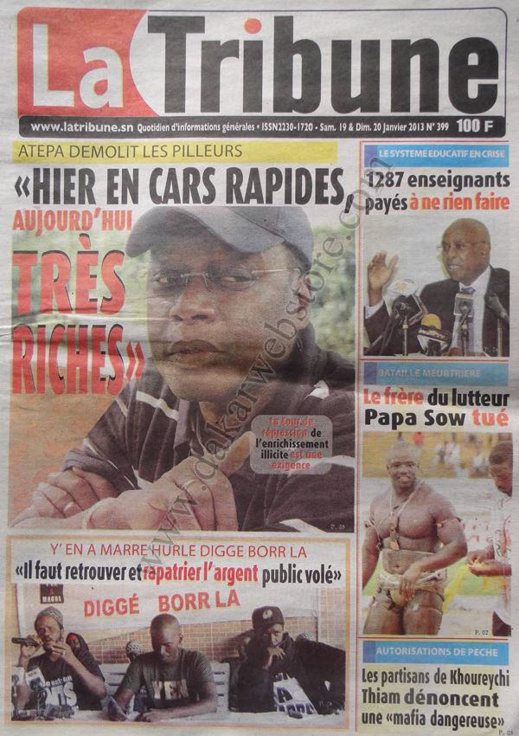 A la Une du Journal La Tribune du Samedi 19 janvier 2013