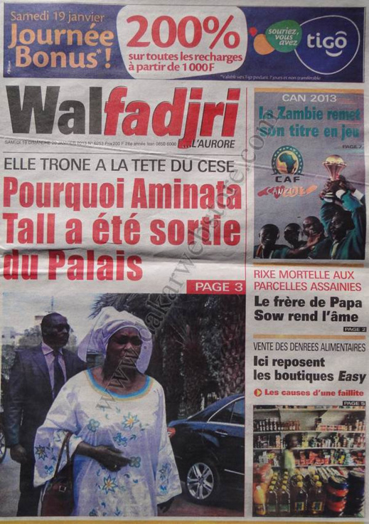 A la Une du Journal Walfadjri du Samedi 19 janvier 2013