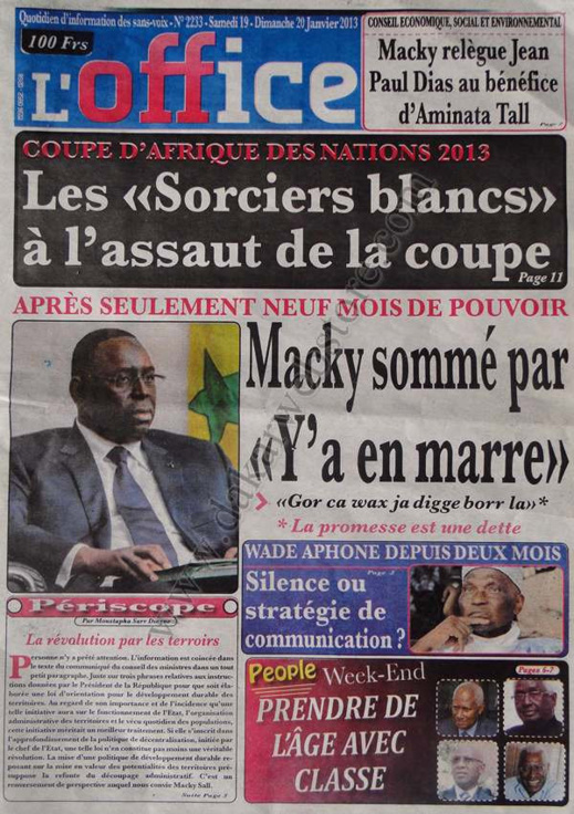 A la Une du Journal L'Office du Samedi 19 janvier 2013