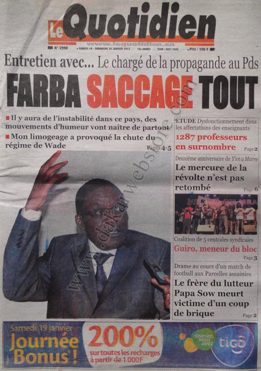 A la Une du Journal Le Quotidien du Samedi 19 janvier 2013