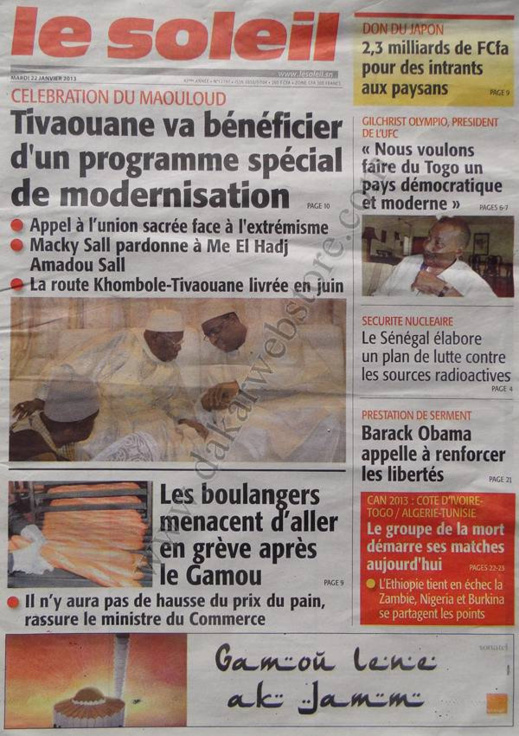 A la Une du Journal Le Soleil du mardi 22 janvier 2013