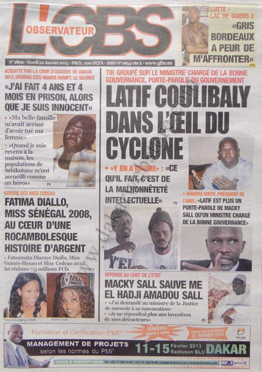 A la Une du Journal L'Observateur du mardi 22 janvier 2013