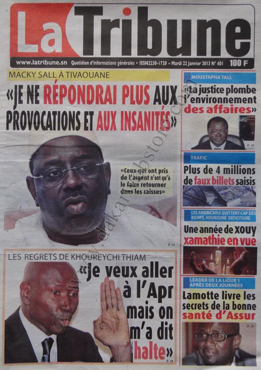 A la Une du Journal La Tribune du mardi 22 janvier 2013