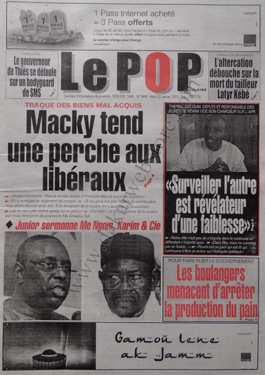 A la Une du Journal Le Populaire du mardi 22 janvier 2013