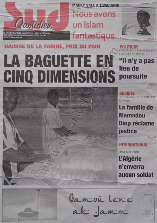 A la Une du Journal Sud Quotidien du mardi 22 janvier 2013