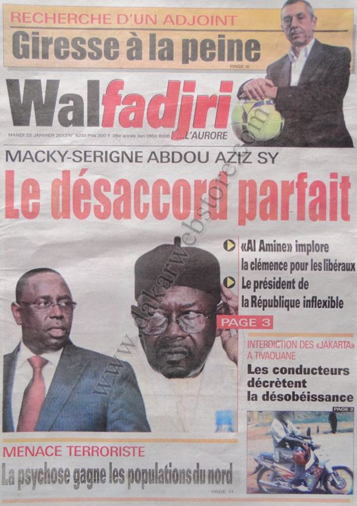 A la Une du Journal L'Office du mardi 22 janvier 2013