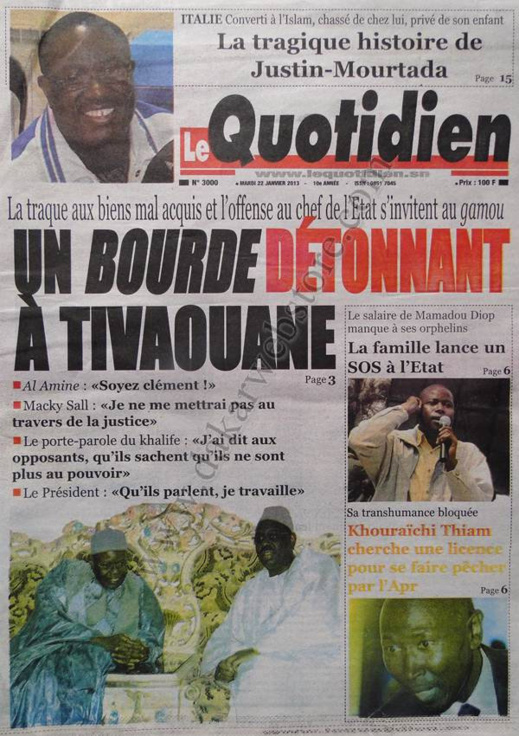 A la Une du Journal Le Quotidien du mardi 22 janvier 2013