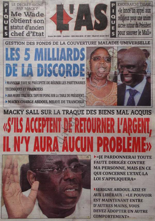 A la Une du Journal L'As du mardi 22 janvier 2013