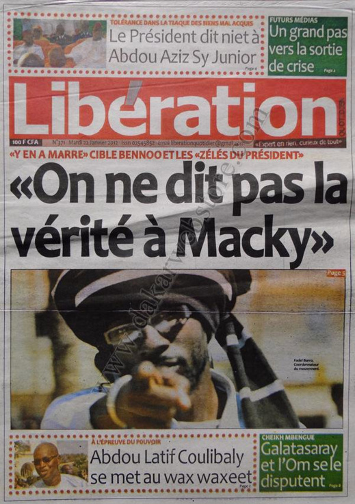 A la Une du Journal Libération du mardi 22 janvier 2013