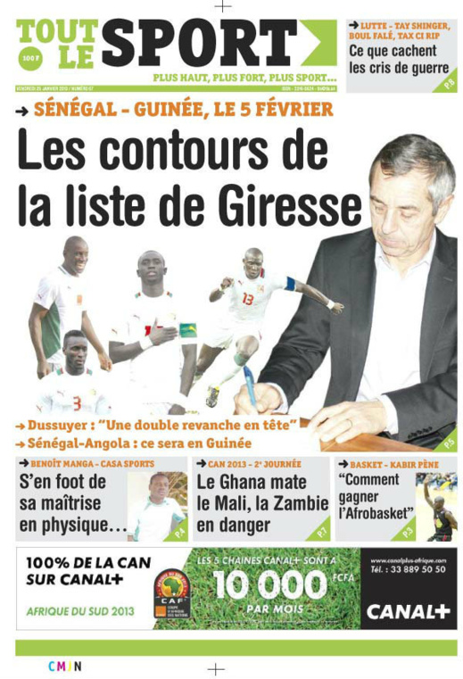 A la Une du Journal Tout Le Sport du vendredi 25 janvier 2013