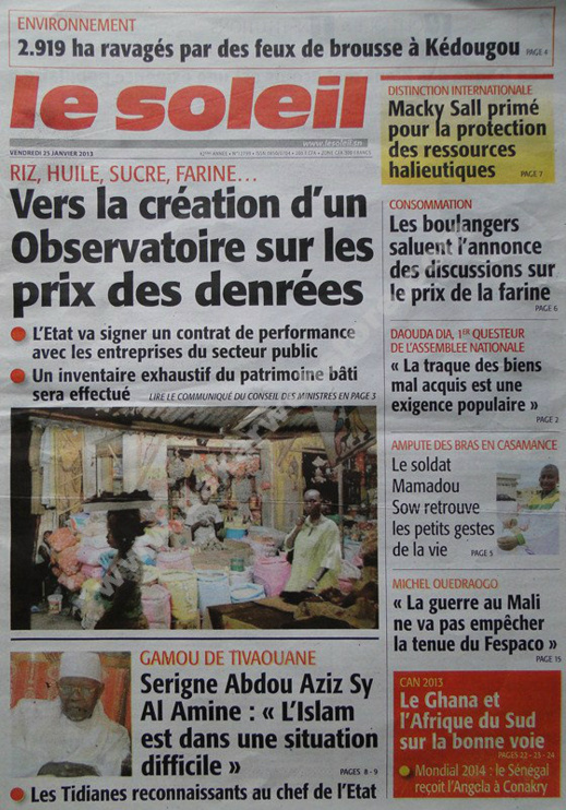 A la Une du Journal Le Soleil du vendredi 25 janvier 2013