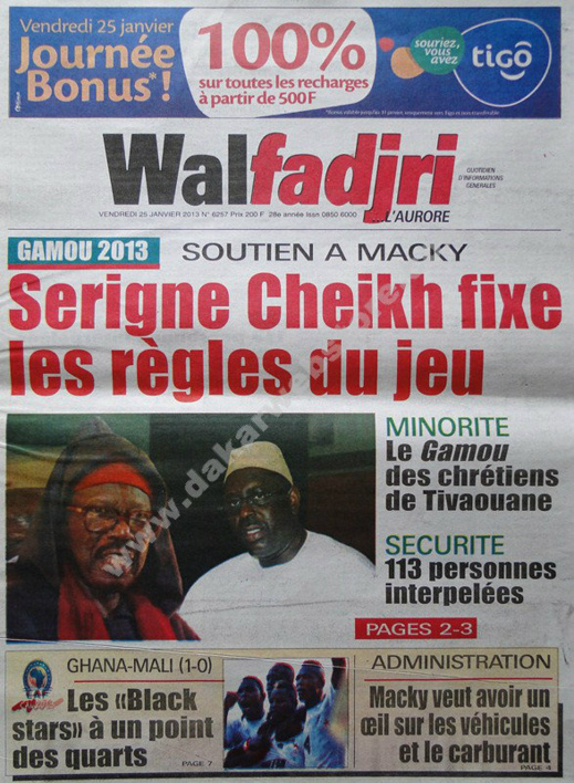 A la Une du Journal Walfadjri du vendredi 25 janvier 2013